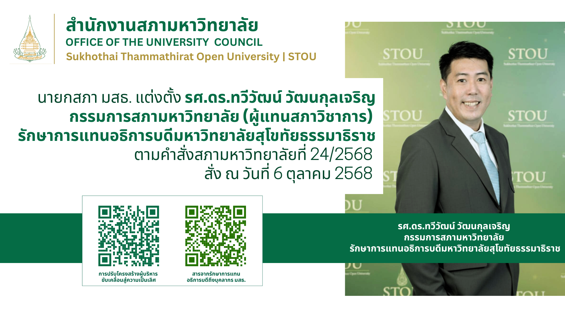 Read more about the article มสธ. ตั้งกรรมการสภาวิชาการขึ้นรักษาแทนอธิการบดี มสธ.